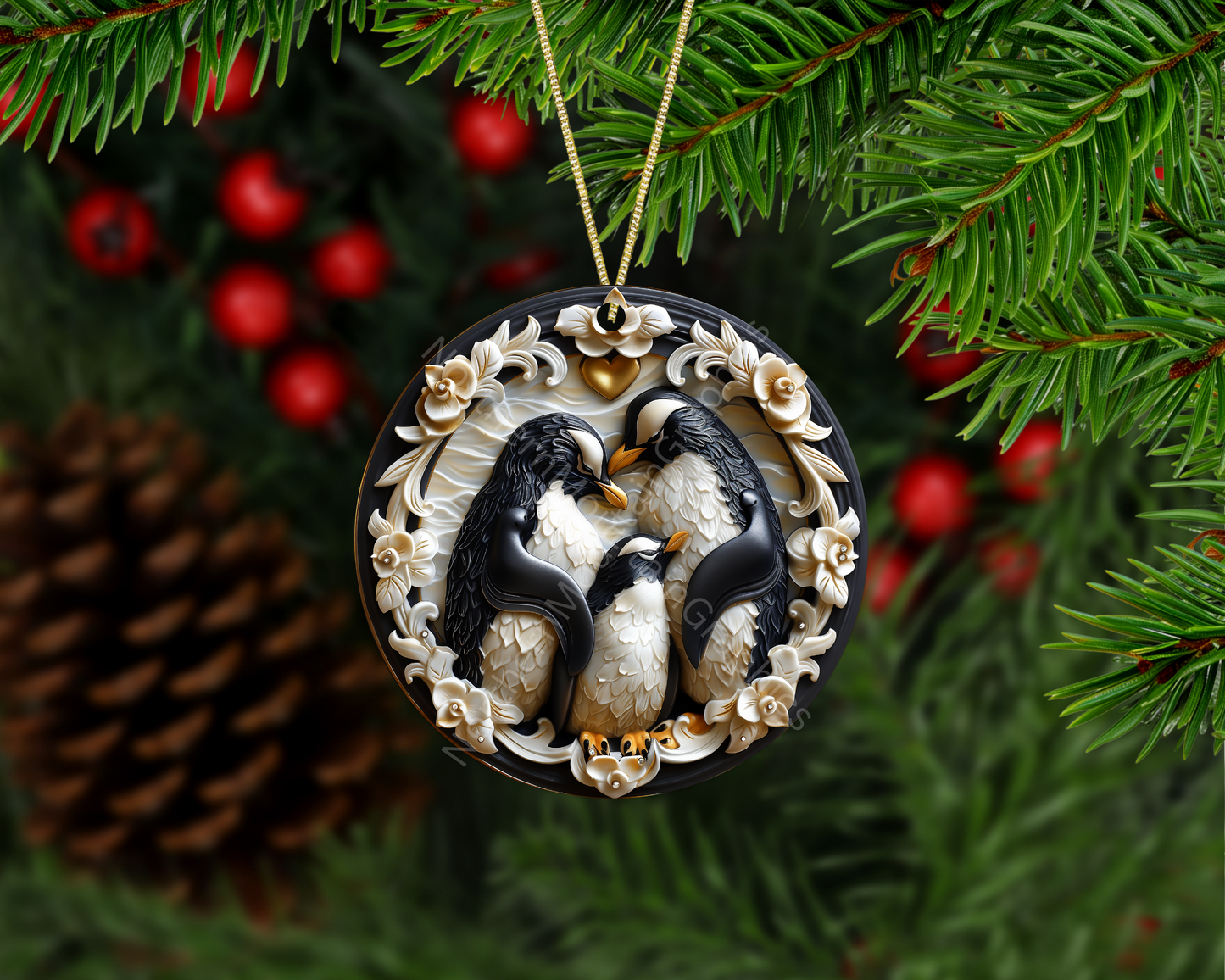 Penguin Family in Floral Embrace Christmas Ornament