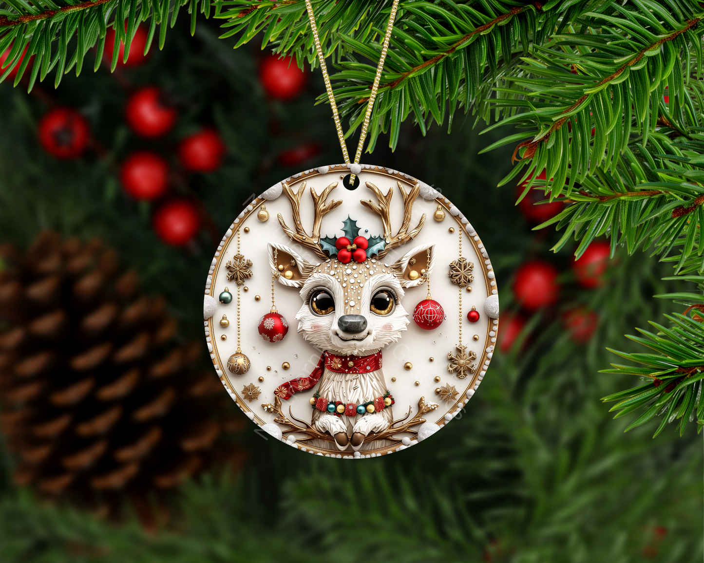 Holiday Reindeer with Holly & Red Scarf Christmas Ornament