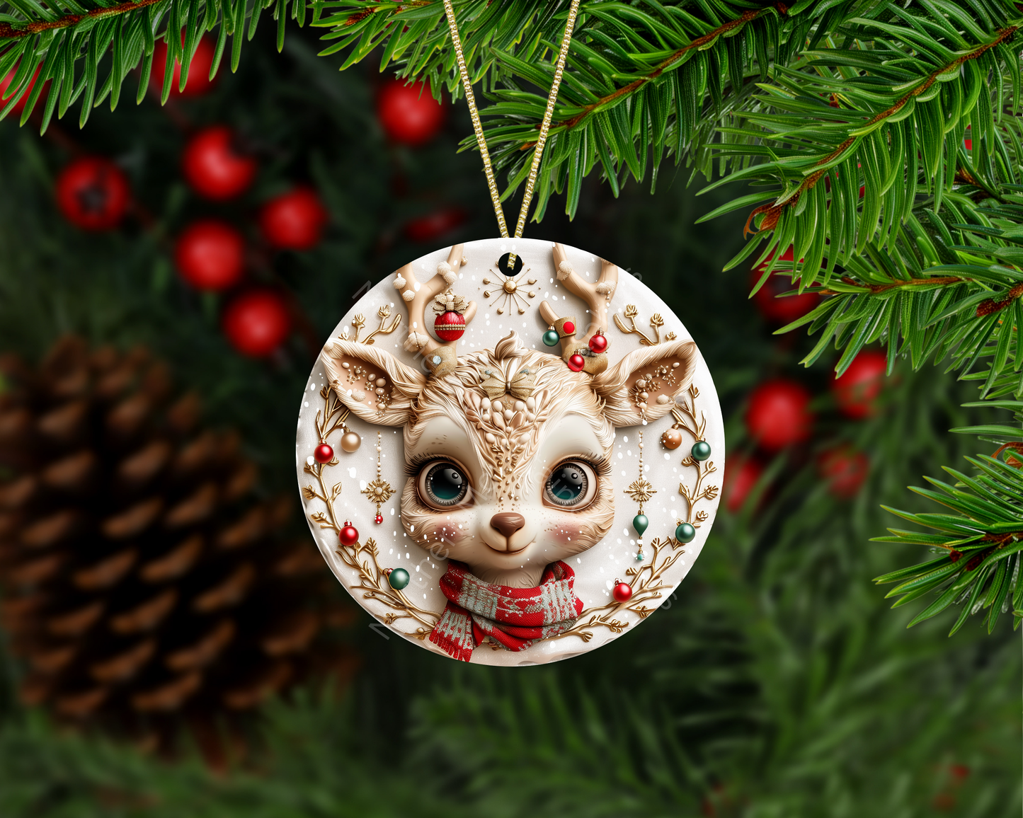 Whimsical Snowy Reindeer Christmas Ornament