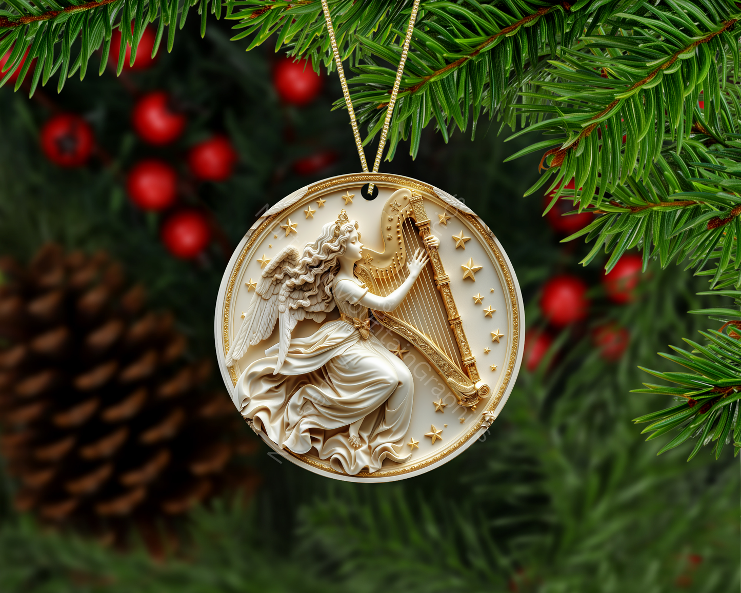 Elegant Golden Angel with Harp Christmas Ornament