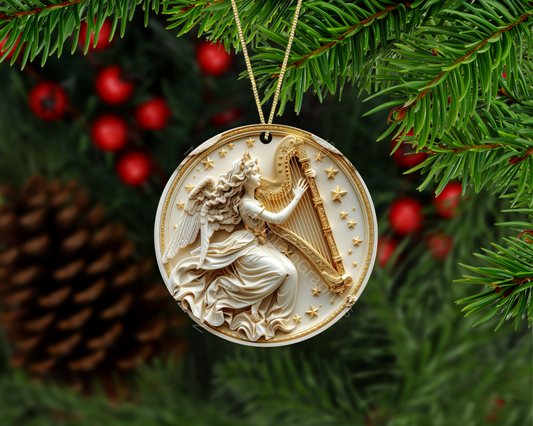 Elegant Golden Angel with Harp Christmas Ornament