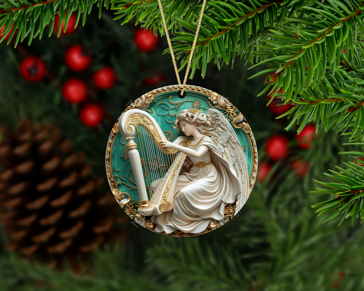 Heavenly Angel Playing Harp Christmas Ornament