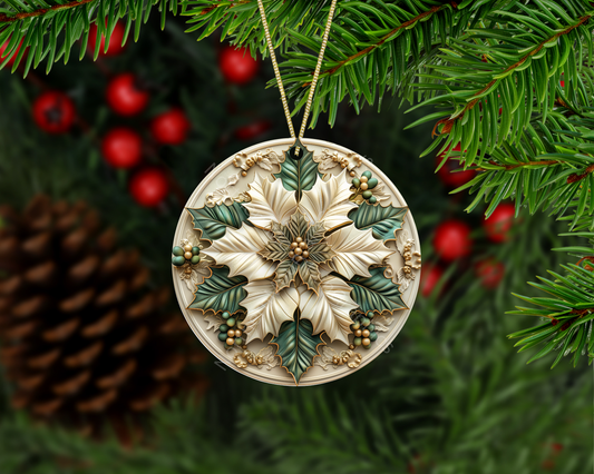Elegant Poinsettia & Holly Christmas Ornament