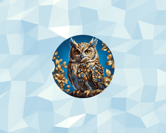 Blue-Gold Autumn Owl Car Coaster