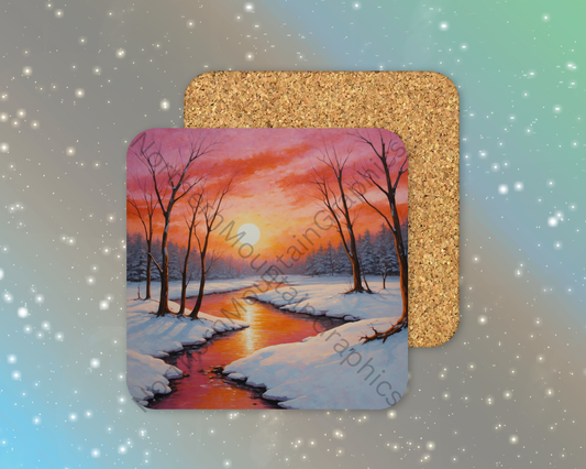 Winter Sunset Over River Winter Square Coaster