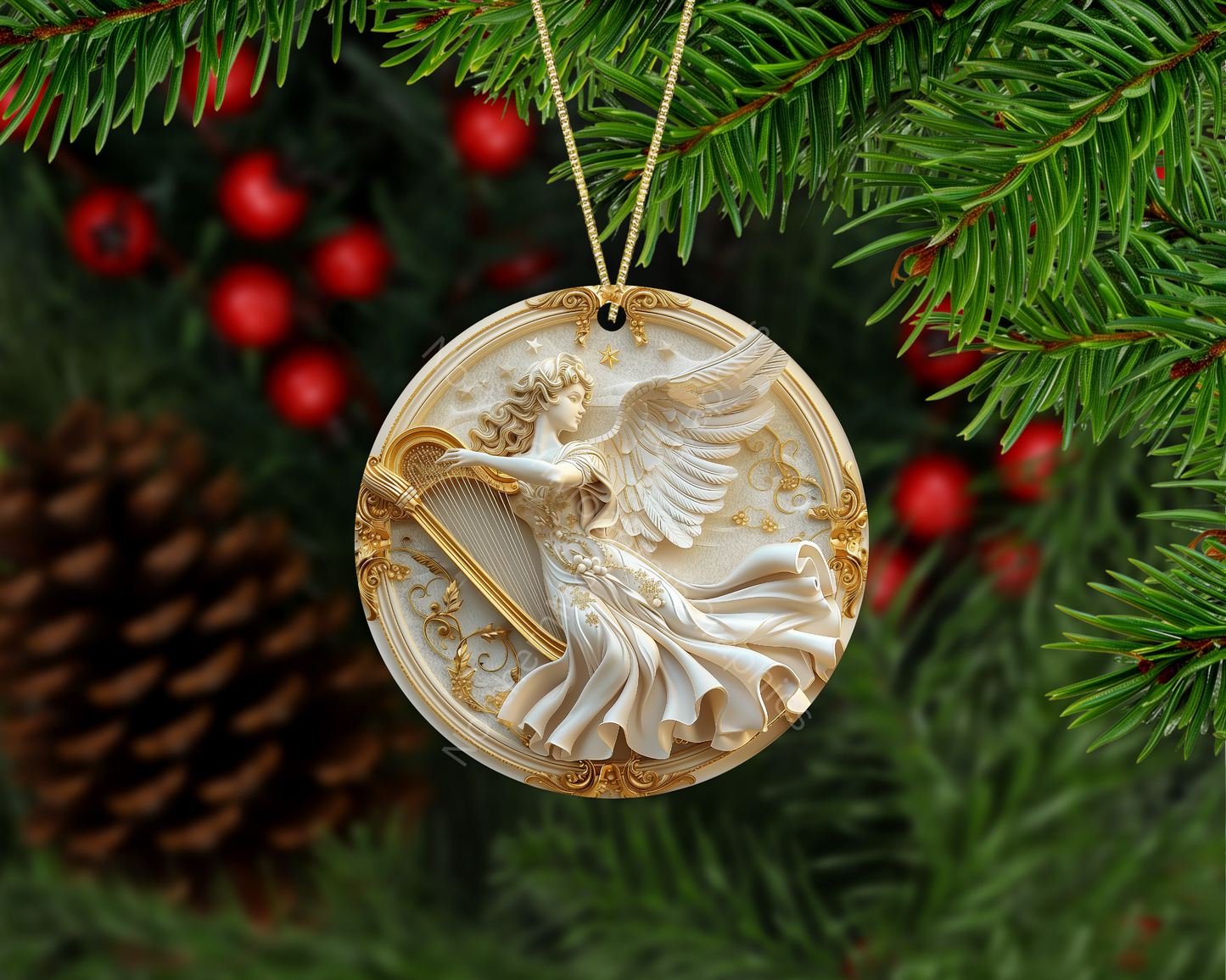 Golden Winged Angel Playing Harp Christmas Ornament