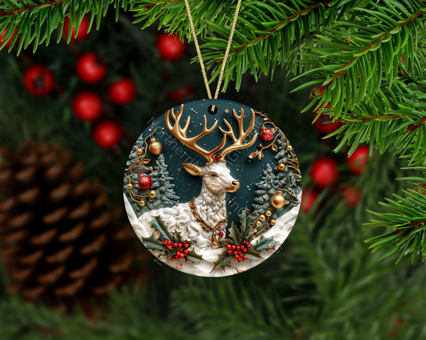 Regal White Reindeer With Holly Christmas Ornament
