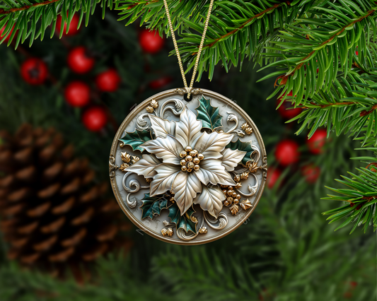 Ivory Poinsettia & Holly Christmas Ornament