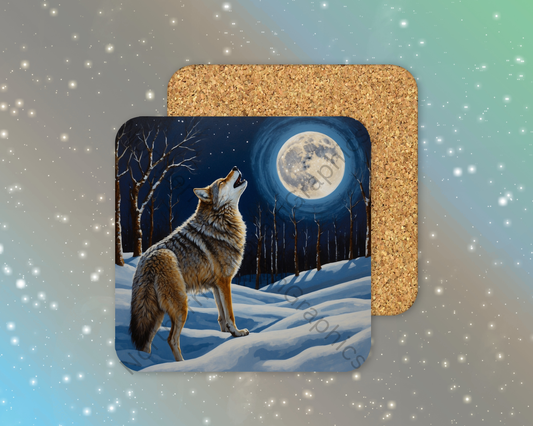 Howling Wolf Under Full Moon Winter Square Coaster