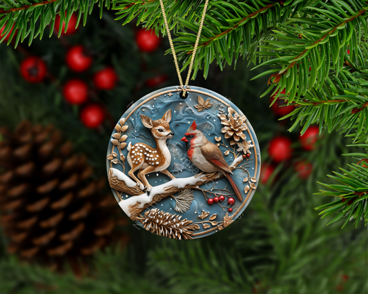 Fawn & Cardinal Winter Christmas Ornament