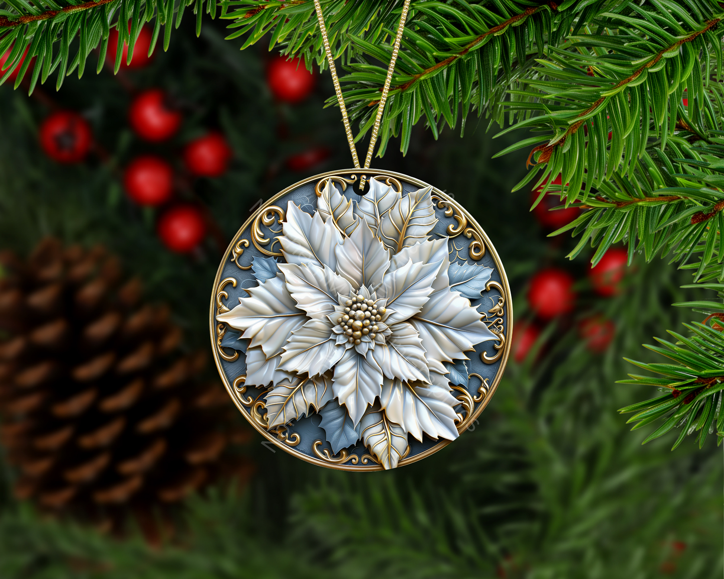 Frosted Pearl Poinsettia Christmas Ornament