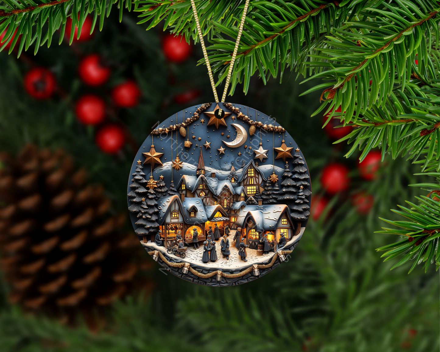 Snowy Christmas Village Market Christmas Ornament
