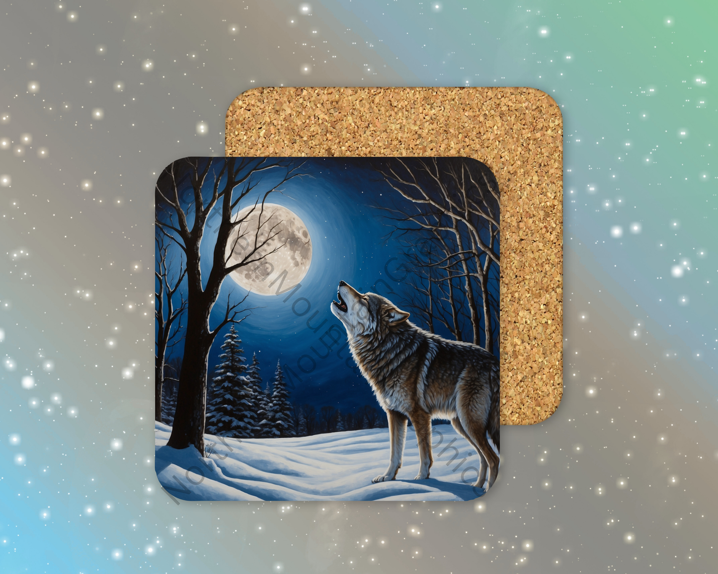 Lone Wolf Howling at the Moon Winter Square Coaster