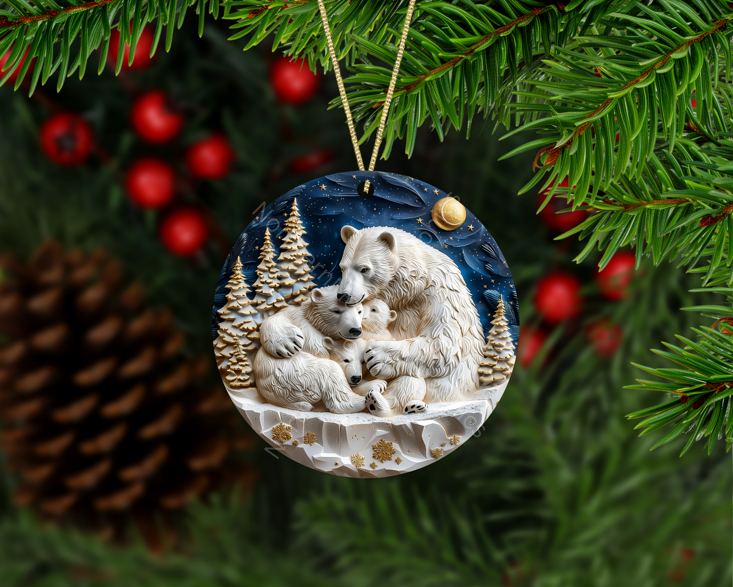 Cozy Winter Night Polar Bear Christmas Ornament