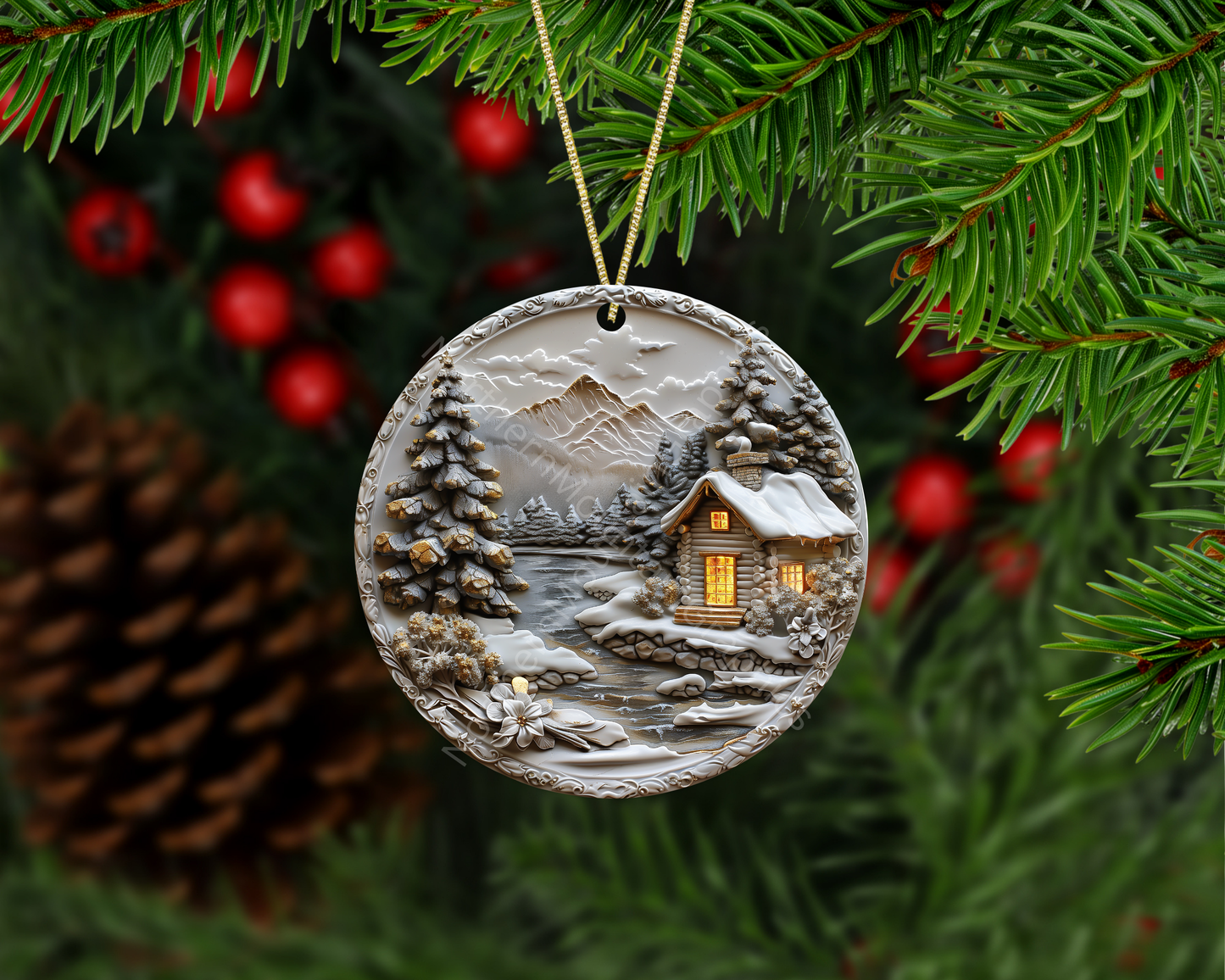 Snowy Mountain Cabin Christmas Ornament