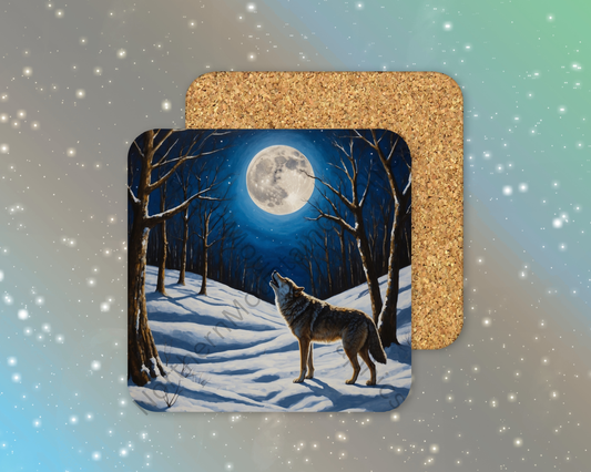 Wolf in Moonlit Snow Forest Winter Square Coaster