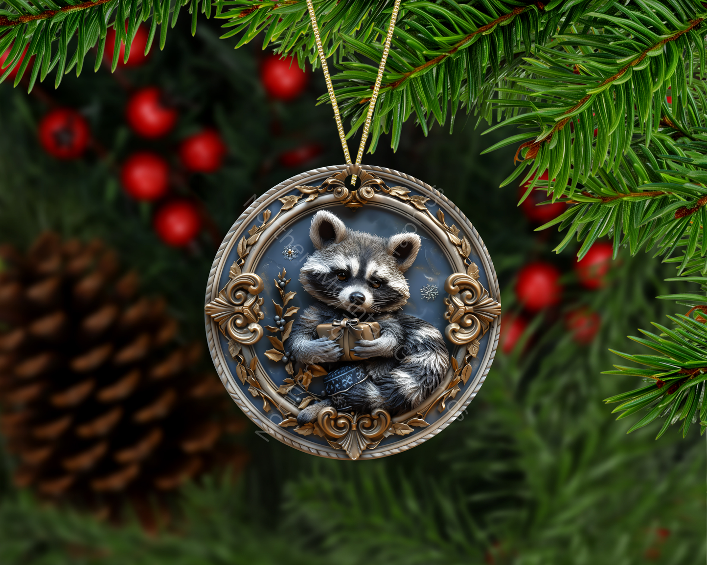 Winter Wishes – Raccoon with Ribboned Present Christmas Ornament