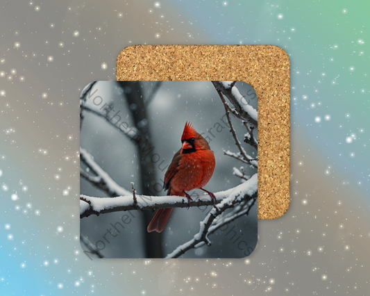 Crimson Cardinal Perched Winter Square Coaster