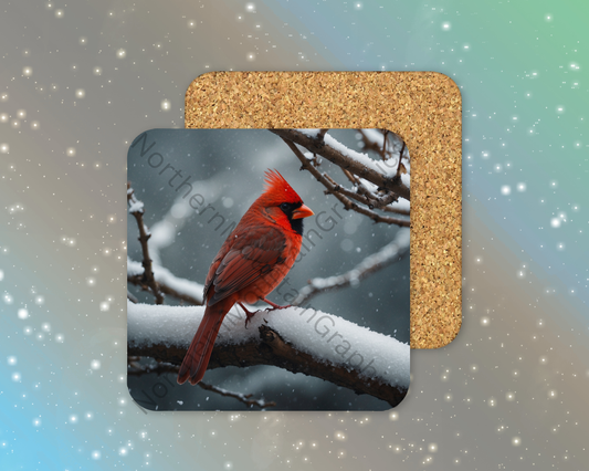 Scarlet Cardinal in Snowfall Winter Square Coaster