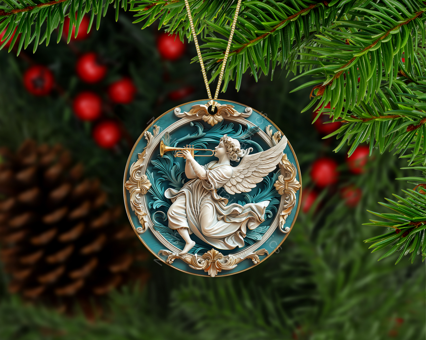 Angel with a Trumpet with Blue Background Christmas Ornament