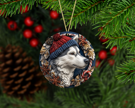 Husky with Hat Christmas Ornament