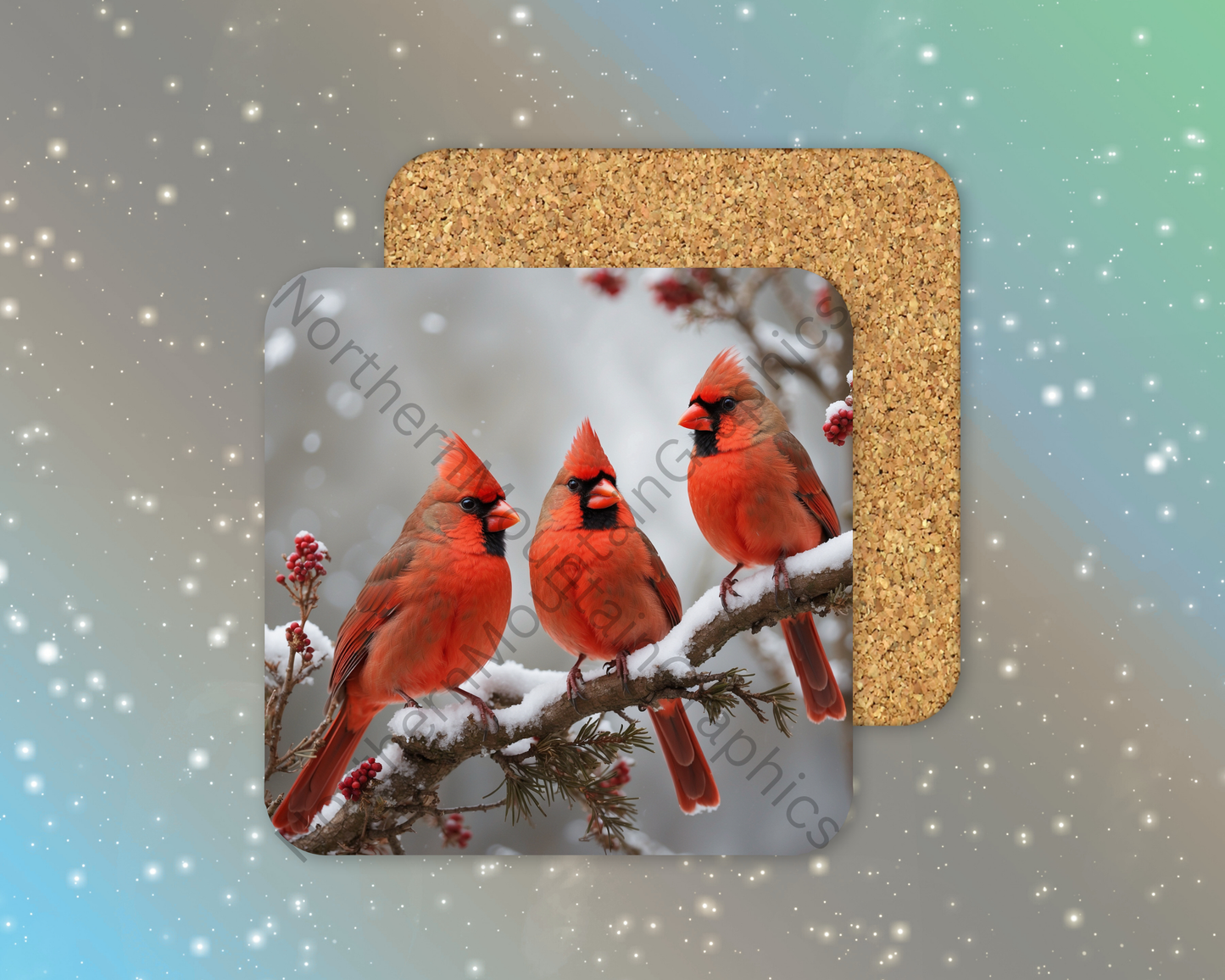 Crimson Trio – Three Red Cardinals Winter Square Coaster