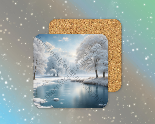 Frozen River Dreams Winter Square Coaster