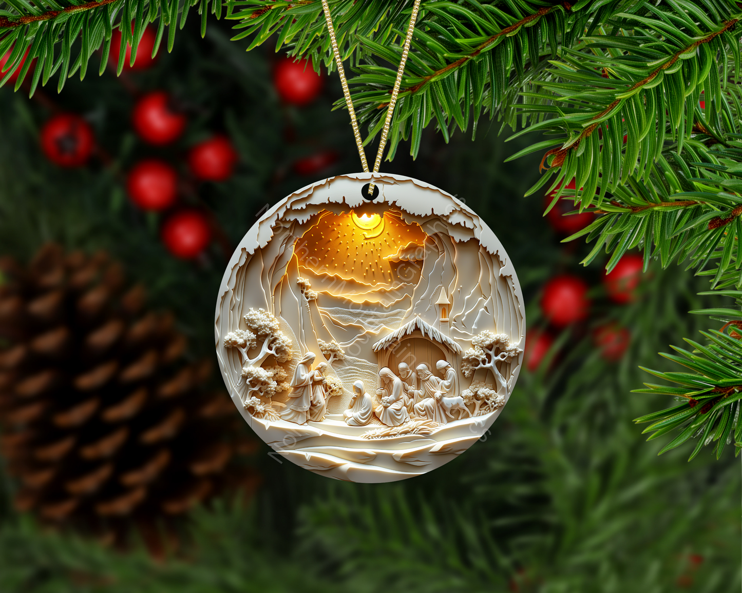 Radiant Nativity Under the Heavenly Light Christmas Ornament
