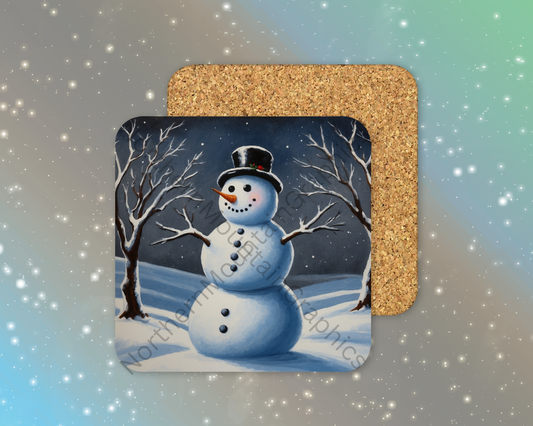 Classic Snowman in Snowy Field Winter Square Coaster