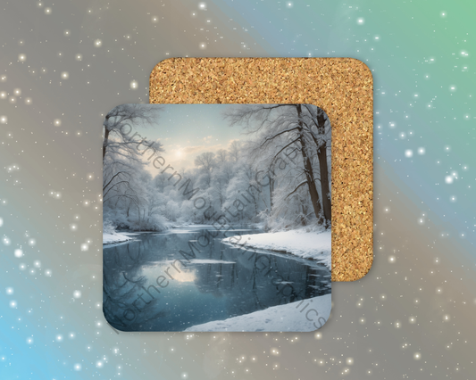 Silent Snowy River Winter Square Coaster