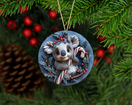 Baby Koala Bear Holding Candy Cane Christmas Ornament