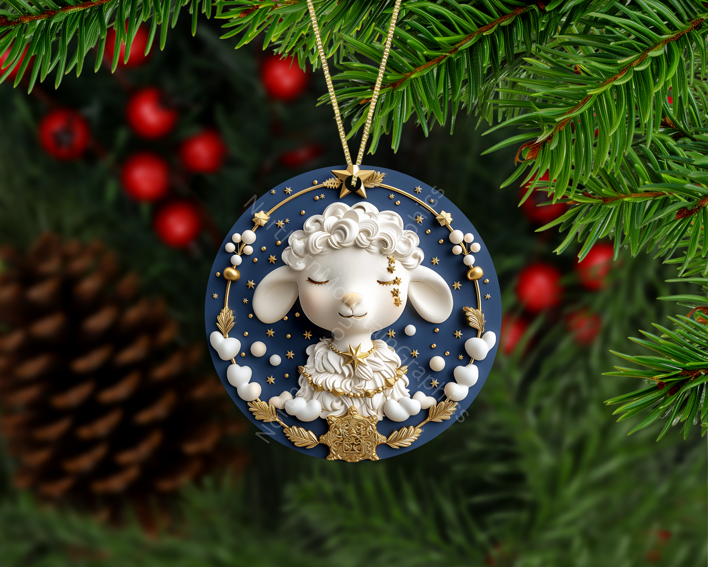 Sleeping Lamb with Gold Christmas Ornament