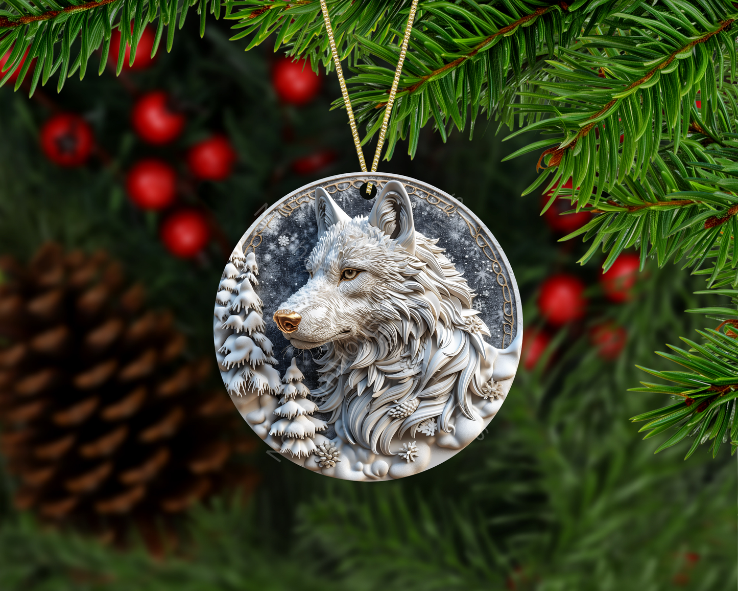 Snowy Wolf Christmas Ornament