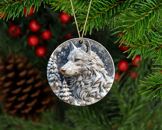 Snowy Wolf Christmas Ornament