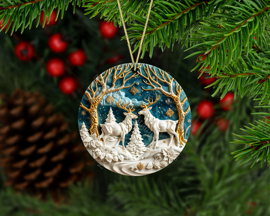 Reindeer with Gold Trees Christmas Ornament