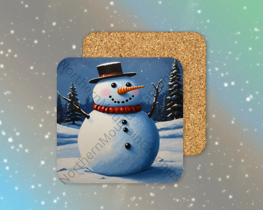 Cheerful Snowman With Carrot Nose Winter Square Coaster