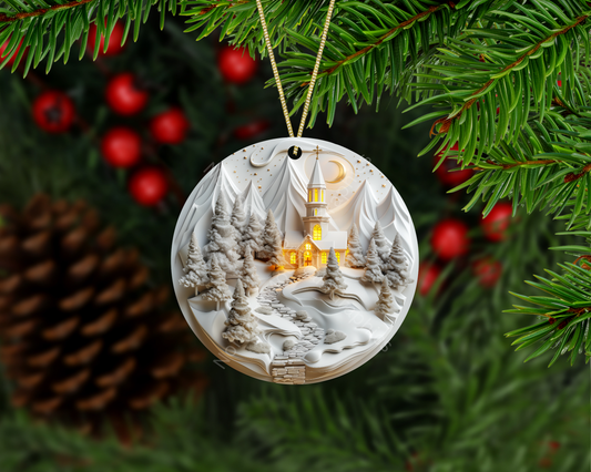Snowlit Chapel of Christmas Eve Christmas Ornament