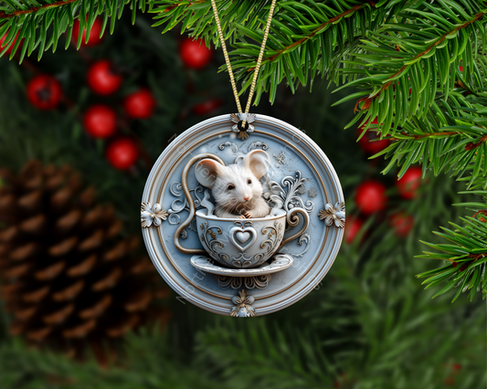Enchanted Teacup Mouse Christmas Ornament