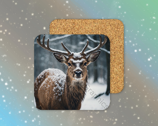 Snow-Covered Winter Deer Winter Square Coaster