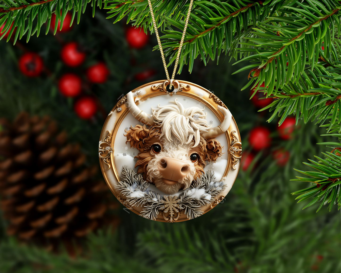 Highland Cow in Gold Christmas Ornament