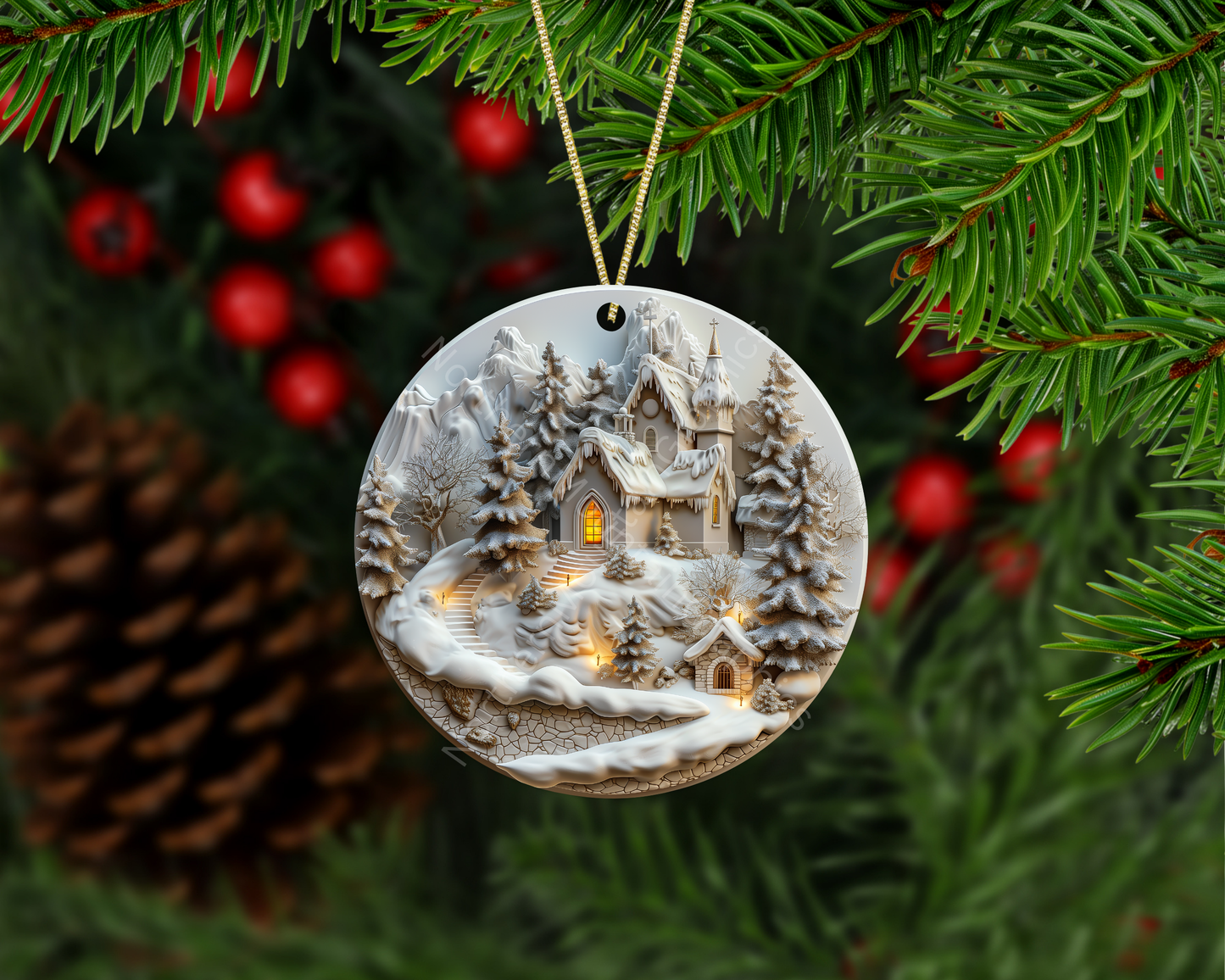 Snowy Mountain Church Christmas Ornament