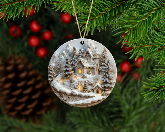 Snowy Mountain Church Christmas Ornament