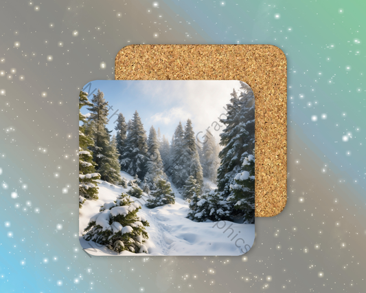 Snowy Pine Forest Path Winter Square Coaster