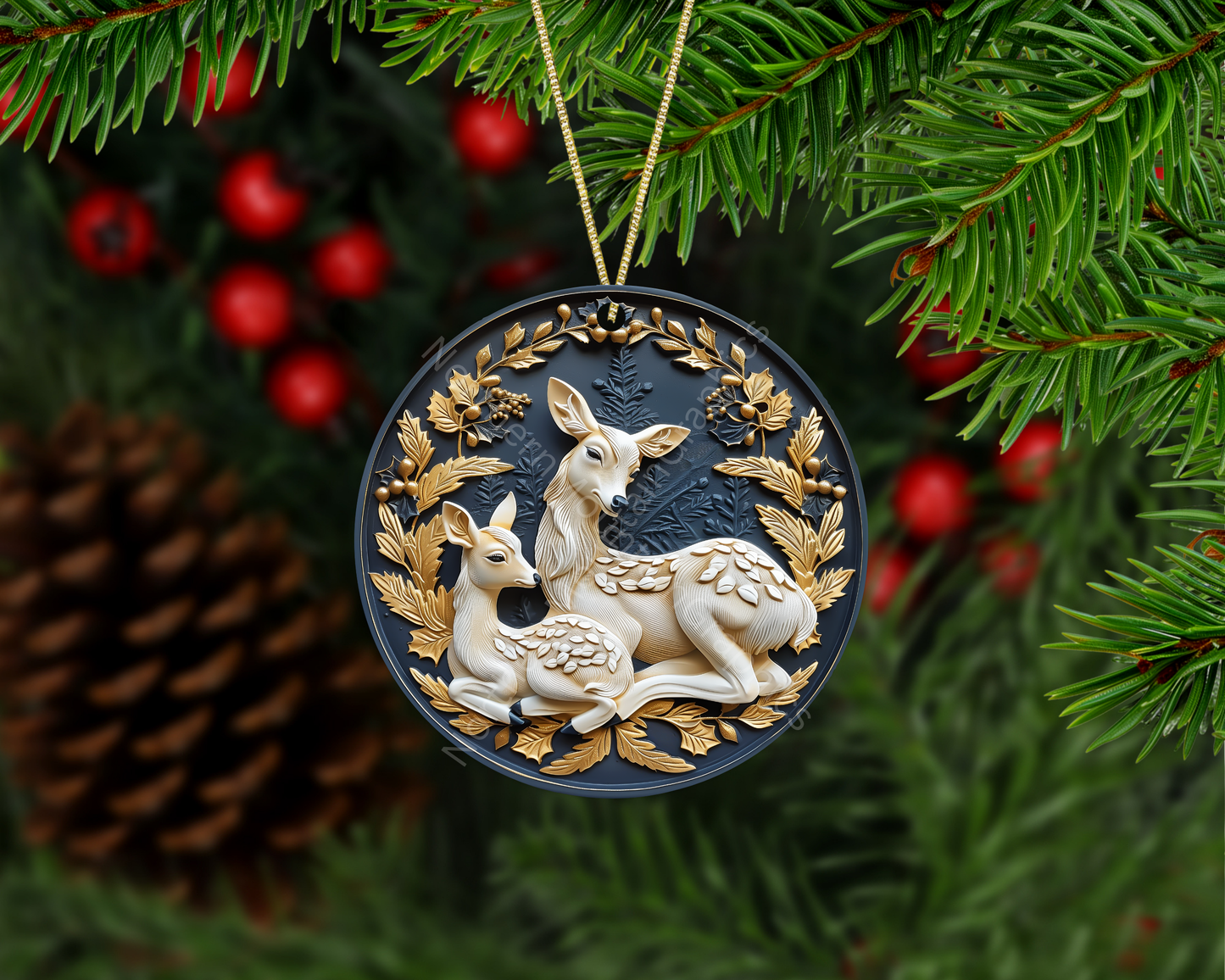 Golden Woodland Deer and Fawn Christmas Ornament