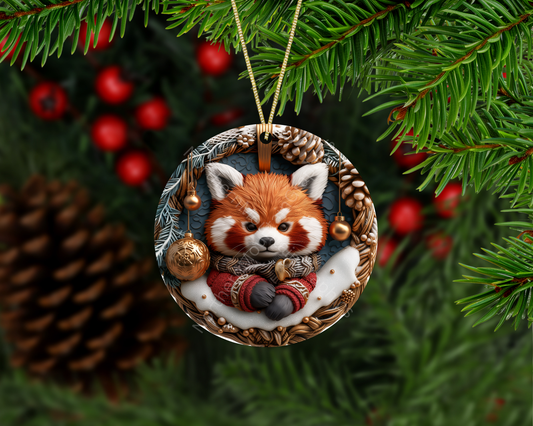 Cozy Red Panda in Winter Wreath Christmas Ornament