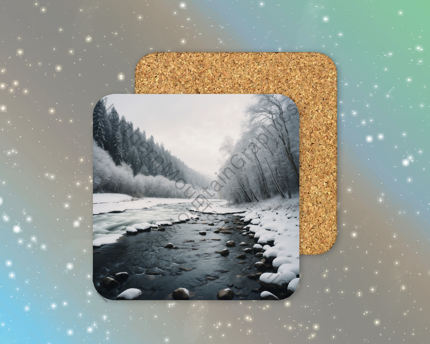 Winter River Through Forest Winter Square Coaster