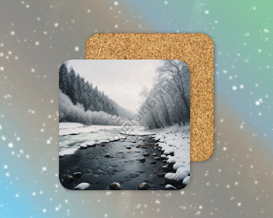 Winter River Through Forest Winter Square Coaster