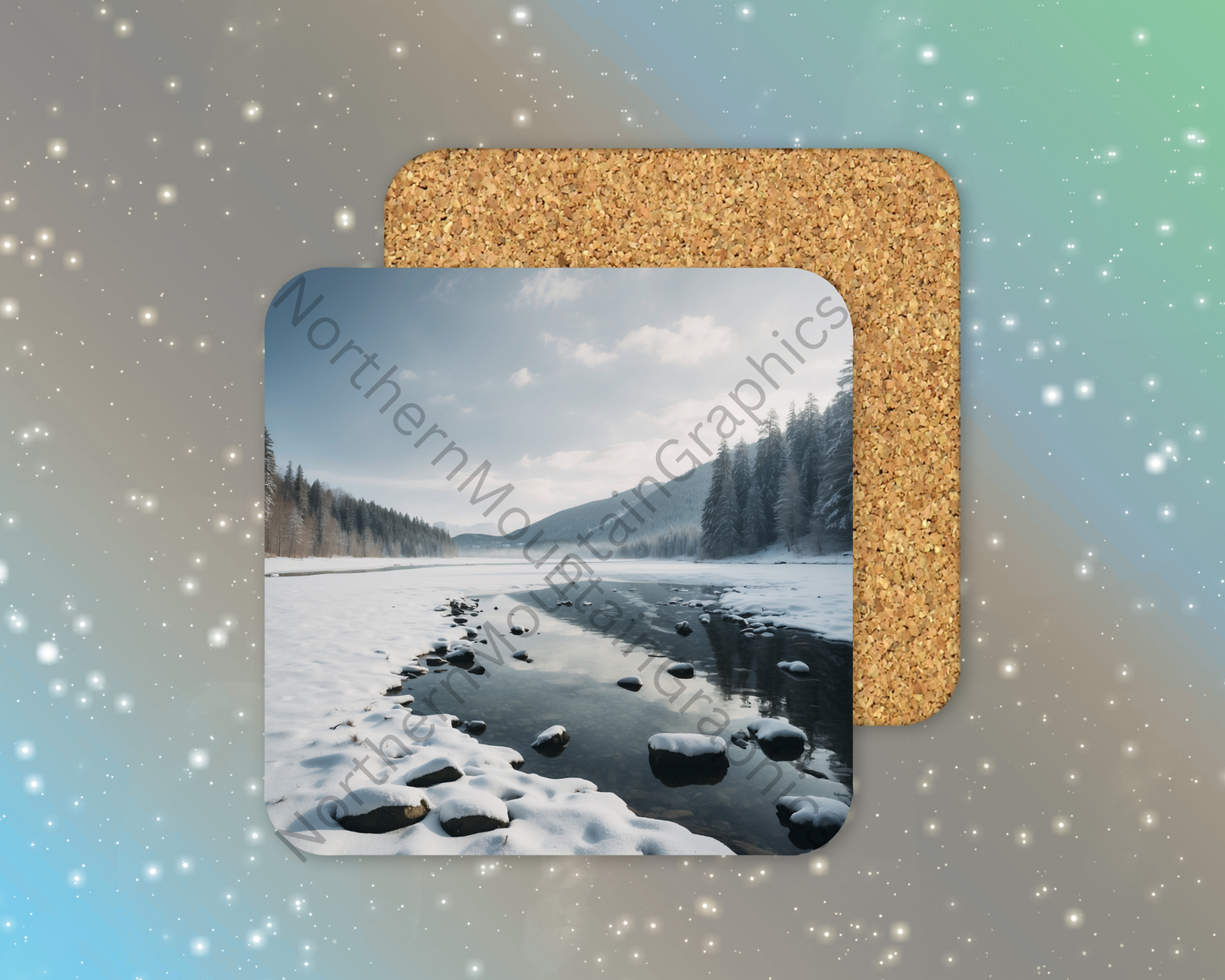 Frozen River Mountain Valley Winter Square Coaster