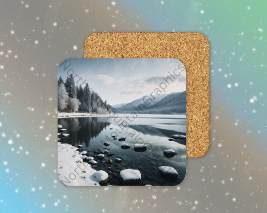 Snowy Mountain Lake Reflection Winter Square Coaster
