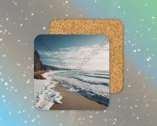 Snowy Winter Ocean Shore Winter Square Coaster